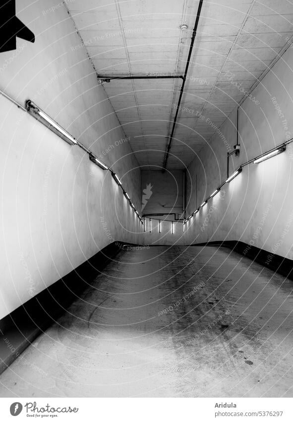 Underground parking garage entrance with neon lights b/w Underground garage underground car park entrance Neon lights Architecture Parking garage Parking lot