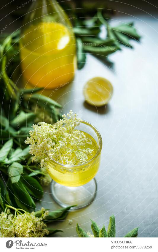 Glass with Elderflower liqueur on table with bottle, lemon and green leaves. glass elder flower drink elder flower liqueur elderberry ingredient homemade juice