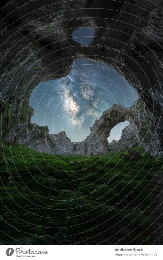 Rocky formations under starry night sky landscape milky way phenomenon arch breathtaking geology mulagljufur canyon iceland europe scenery wild environment cave