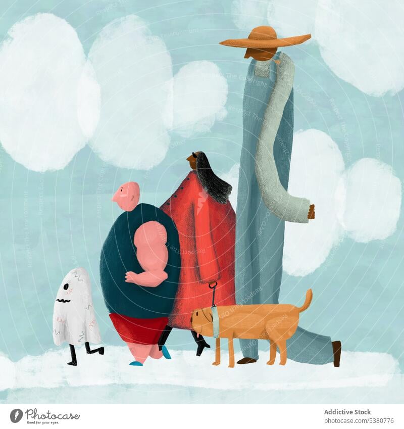 Funny people with dog and ghost walking together creative unity animal different pet union concept illustration celebrate team support friend friendship