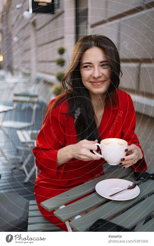 Santa coffee red moment woman Happy Coffee long hair charming as helll Nail polish Tea cup Cup Mug eye contact Sunlight real people Warmth feminine joyful Cute