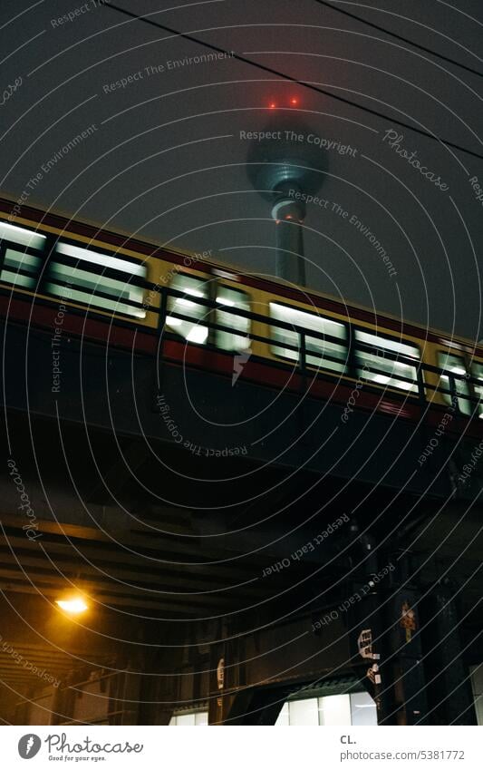 berlin television tower and railroad Berlin Downtown Berlin Berlin TV Tower Track Train travel Night Evening Dark darkness urban metropolis City Capital city