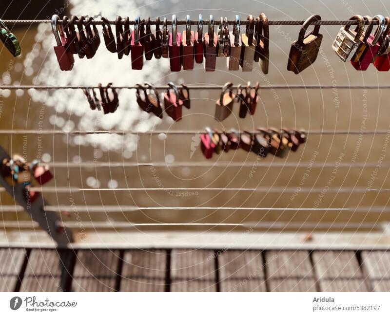 Canal bridge in Hafencity with love locks Love Locks Love padlock Romance Relationship Declaration of love Display of affection Kitsch Padlock Loyalty Bridge