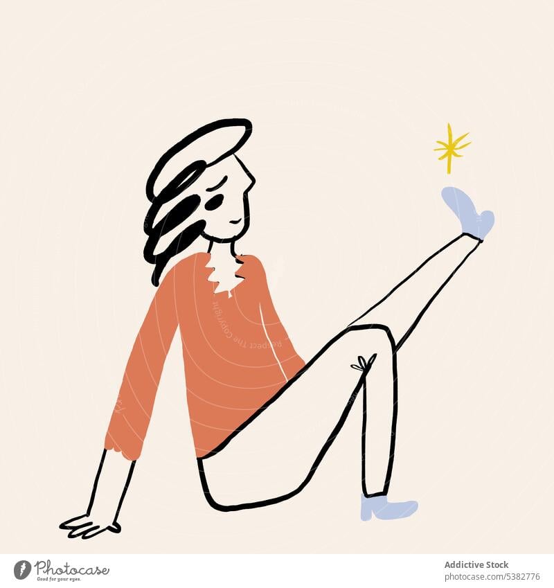 Dreamy cartoon woman with star on leg dream daydream simple creative graphic pensive leg raised delight flat style craft sit imagination inspiration minimal