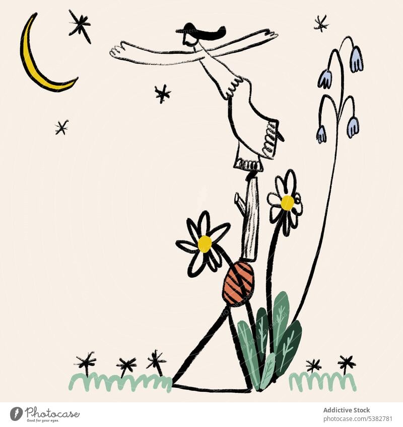 Creative illustration of character balancing on plant fantasy balance reach dream fly imagine nature creative flower log graphic simple moon star art minimal