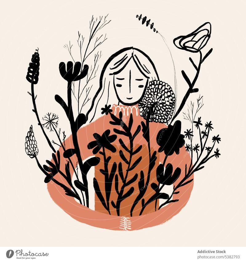 Illustration of female in linear plants woman art tender flower embrace pile bunch delicate concept cartoon natural bouquet gentle creative flora romantic