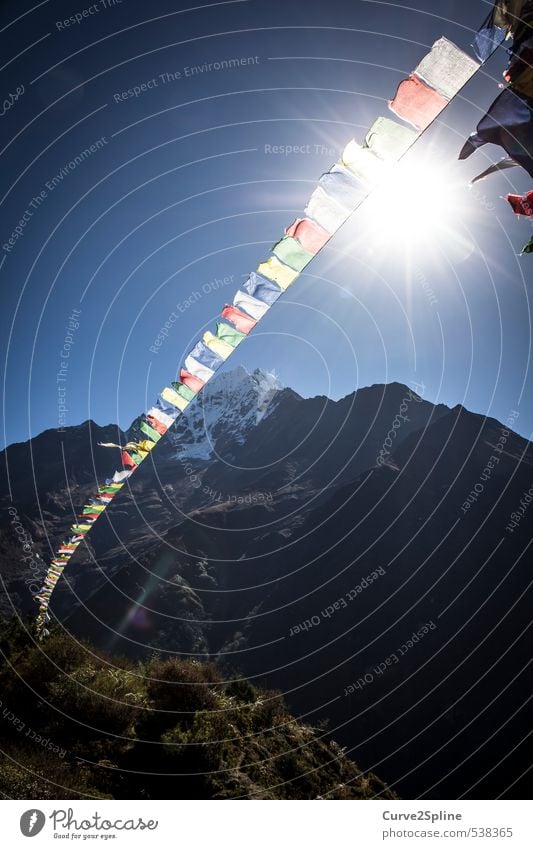 Nepal Nature Culture Prayer flags Religion and faith Himalayas Mountain Snowfall Sunlight Peak Multicoloured Sky Flag Colour photo Exterior shot Deserted Day