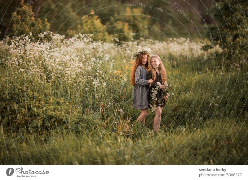 Two friends collect flowers in the field Red-haired long hair Curly Agriculture Love of nature To go for a walk sensation Contentment Sunlight