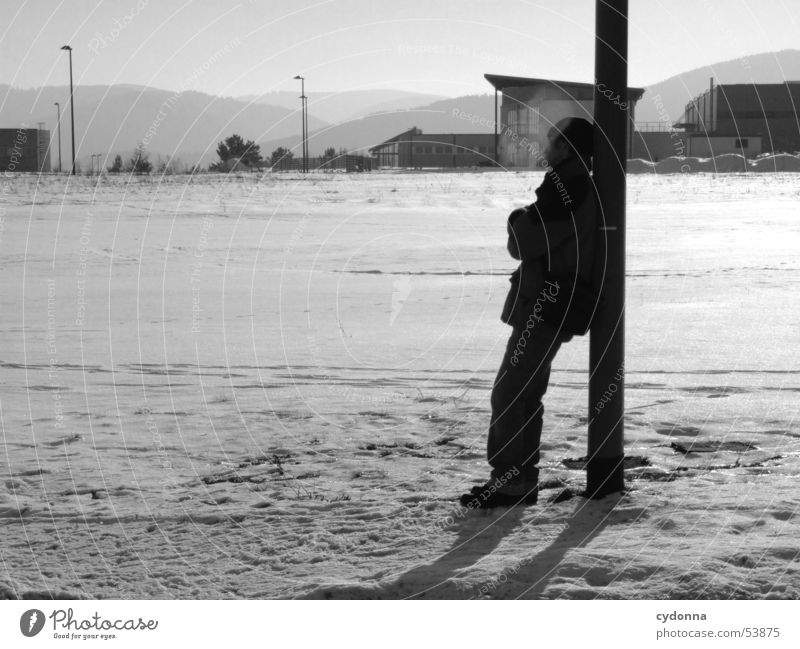 winter walk Winter Calm Lean Cold Industrial district Lantern Moody Impression Human being To go for a walk Relaxation Snow Electricity pylon siluette Mountain