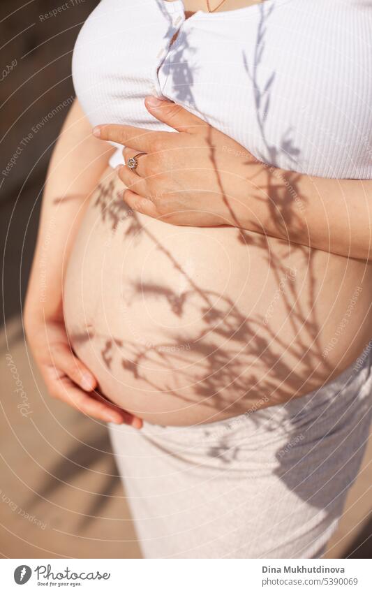 Pregnant belly with floral shadows. Beautiful pregnancy. Young woman tenderly hugging her pregnant belly. parent wallpaper diet natural lifestyle shape light