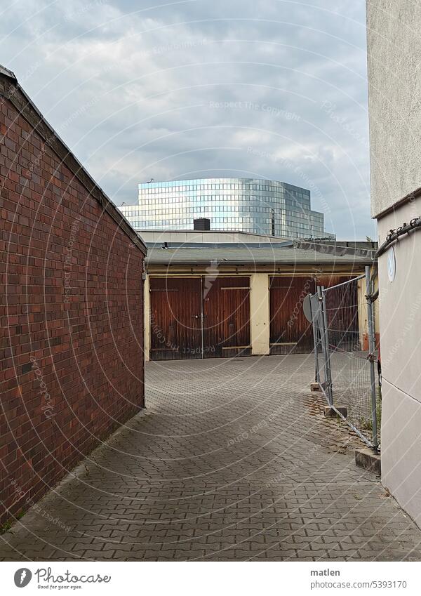 architecture Architecture Contrast Glass Concrete Steel Garage Backyard Fence Sky Clouds Wall (building) House (Residential Structure) Deserted Facade Town