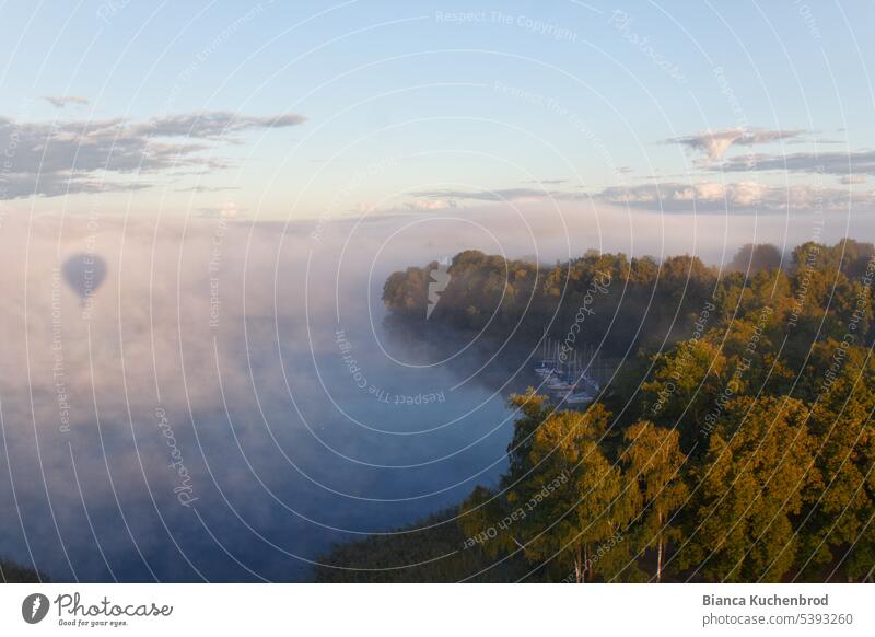 Shadow from hot air balloon on clouds over Trakai near trees over water. Colour photo Exterior shot Nature Deserted Landscape Water Environment Sky Tree Clouds