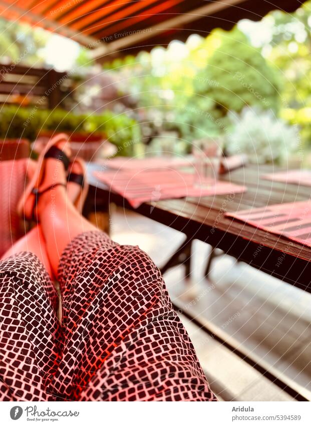 Perennial favorite | Putting your feet up Legs Put one's feet up rest relax Relaxation Summer Feet Terrace Feet up Woman Lie Garden Table Sun blind Sandals