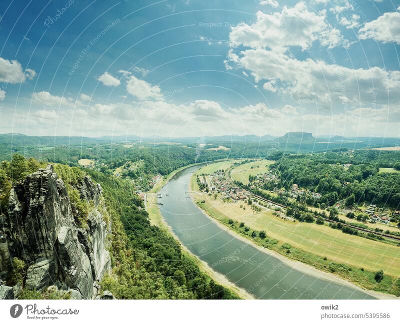 Upper reaches Elbe River Elbe valley Riverbed Water Calm Idyll River bank Nature Environment Landscape Horizon Summer Beautiful weather Elbsandstone mountains