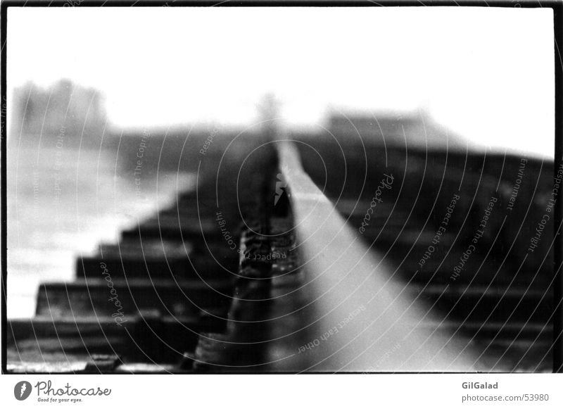 Tracks into nowhere Coast Beach North Sea Spiekeroog Fishing village Deserted Navigation Harbour Rail transport Train travel Railroad tracks Wood Metal Steel