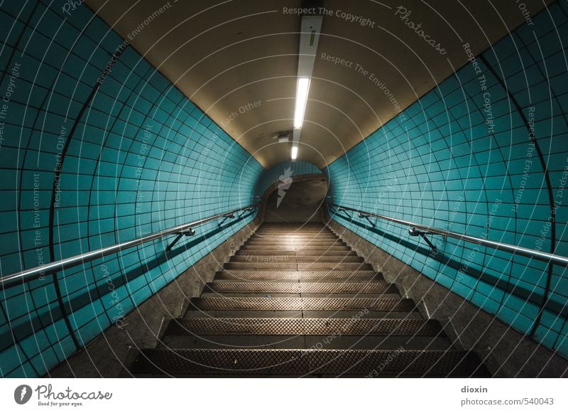 going underground Capital city Downtown Deserted Tunnel Manmade structures Architecture Wall (barrier) Wall (building) Stairs Banister Tile Neon light Transport