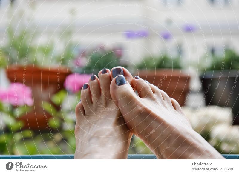 Feet up on balcony Barefoot Relaxation Summer Toes Colour photo Women's Feet feet painted toenails lacquered nails Nail polish Feminine naked feet Naked