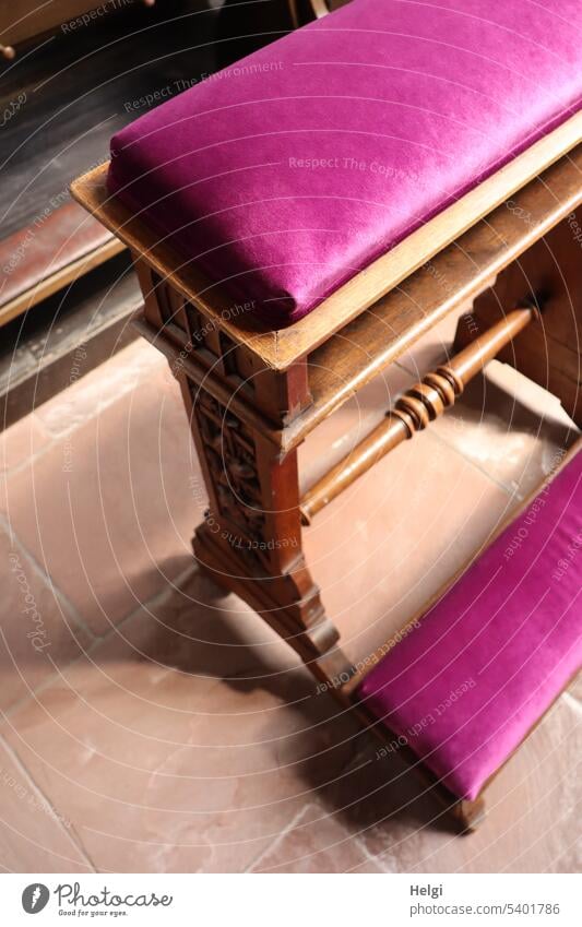 Wooden bed chair with purple velvet cover Knee bench Prayer chair Velvet Cloth Church Belief Bolster Knee pads Arm pads church equipment Detail tiles