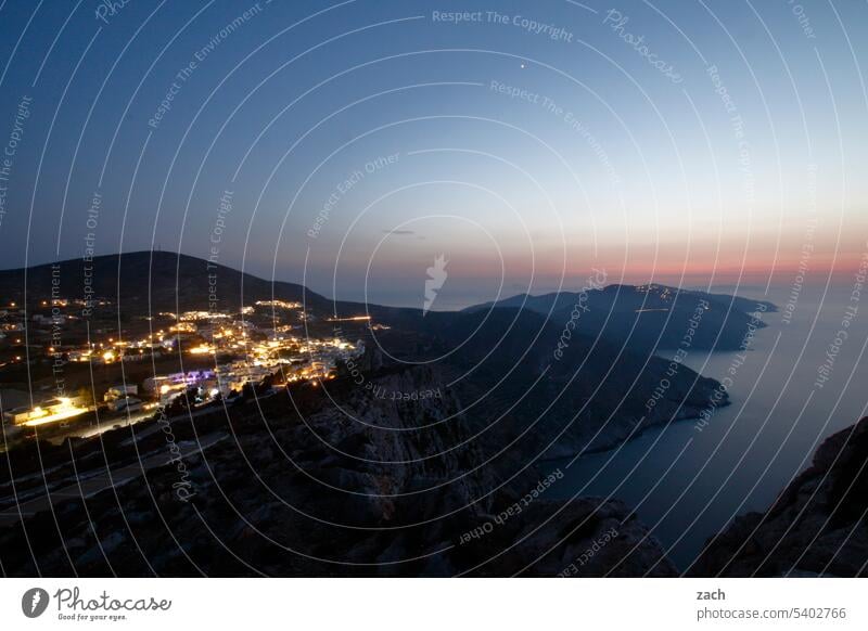 Just a rock in the sea Folegandros Greece the Aegean Island Mediterranean sea Cyclades Ocean Sky Hill Blue Water Illuminated Twilight Evening Dusk blue hour