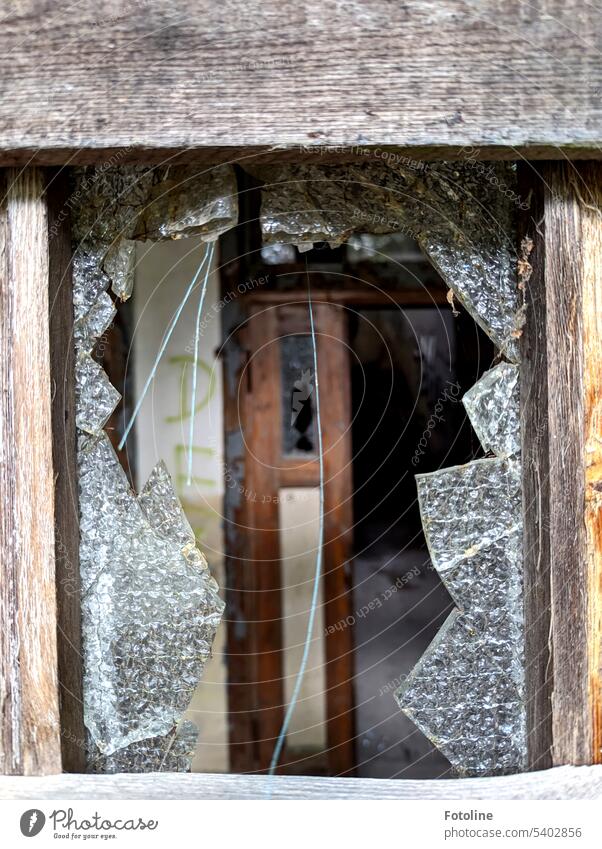 View through a shattered glass window into a long abandoned Lost Place. lost places forsake sb./sth. Old Transience Change Derelict Decline Ravages of time