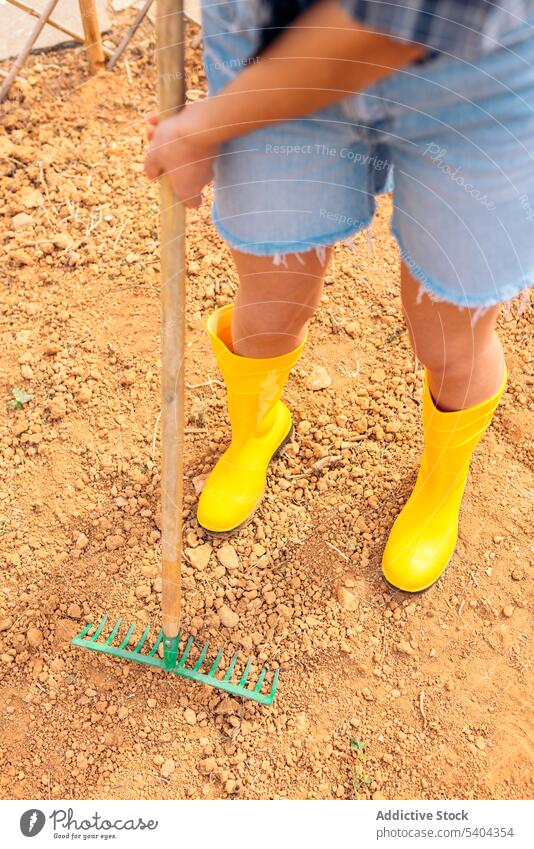 Anonymous female gardener with digger in countryside on cloudy day anonymous woman fence ground agriculture farmer nature soil casual sand summer wooden rustic