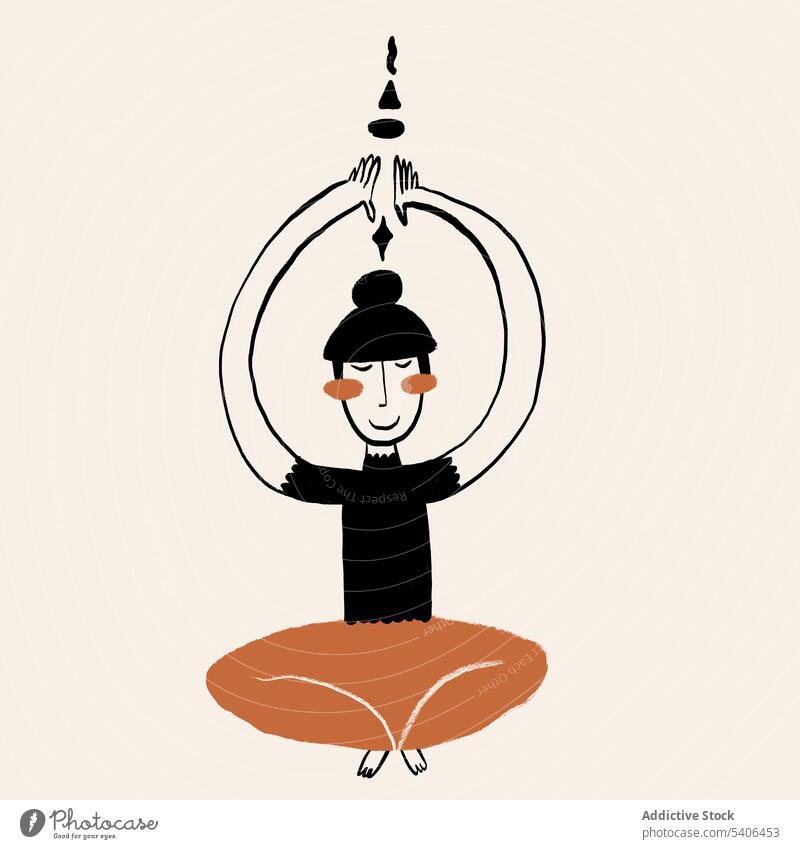 Vector cartoon of woman meditating with closed eyes in Padmasana pose lotus pose padmasana meditate yoga arms raised mindfulness vector illustration zen calm