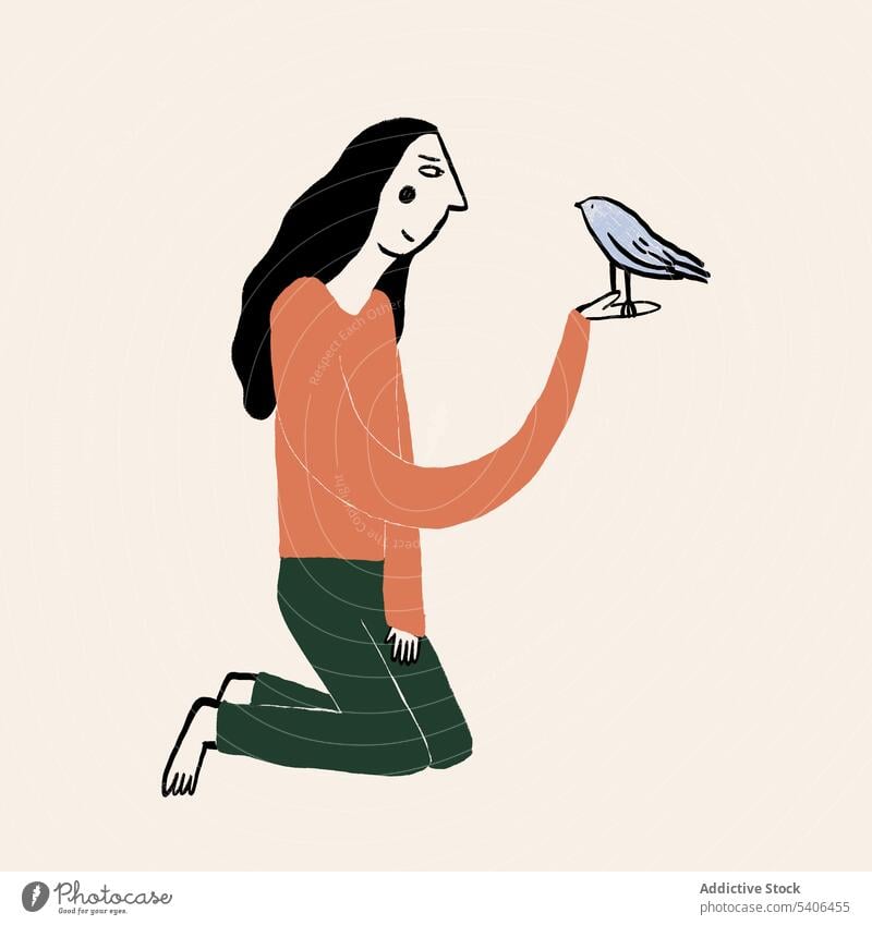 Vector illustration of lady with bird on hand sitting on knees woman vector animal avian owner calm interest graphic symbol flat style female young long hair