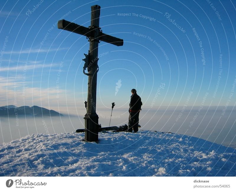 Gipfelkreuz am Heuberg near Rosenheim Peak Peak cross Fog High fog Ski pole Vacation & Travel Discover To board First ascent Snow Mountain hay mountain