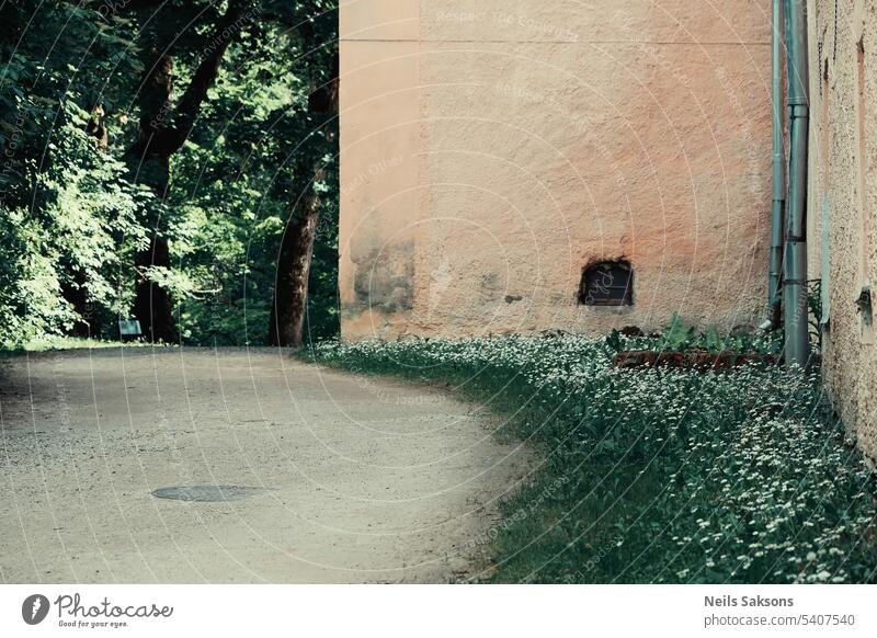 green grass and white flowers near yellow old building wall. Pathway to park with big trees. Ēdoles pils, Latvia aged architecture botany brick city