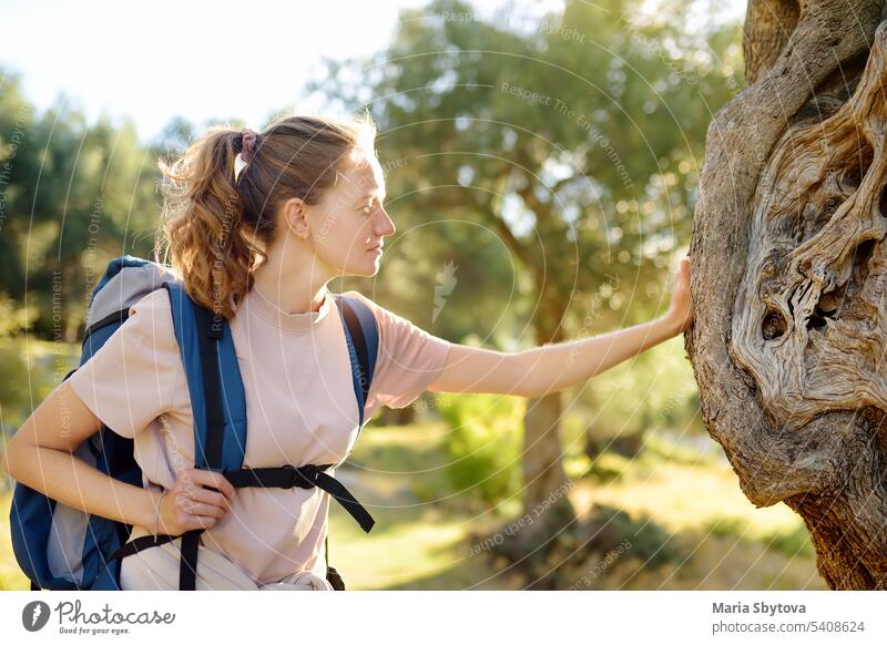 Young woman hiking in countryside. Concepts of adventure, extreme survival, orienteering. Single travel. Backpacking hike Forest protection and restoration