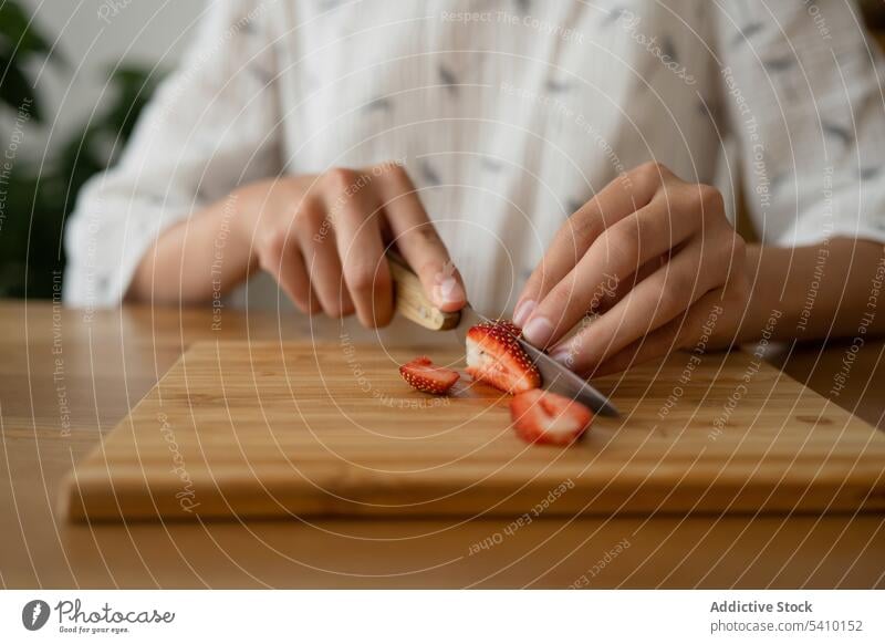 Crop woman cutting strawberry on wooden board jam fresh delicious slice fruit sweet tasty table dessert prepare female red food kitchen homemade ingredient