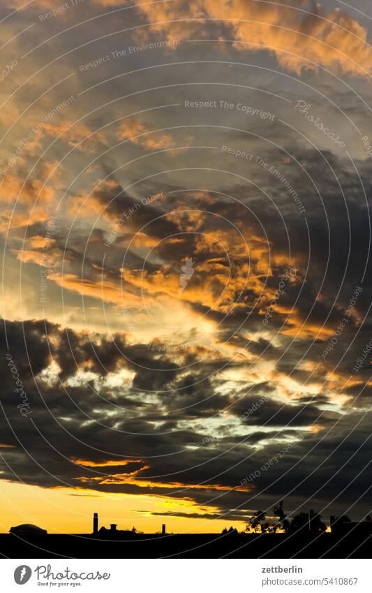 Dramatic sky in the evening Evening altocumulus Menacing Dark Twilight somber colour spectrum Closing time Worm's-eye view Thunder and lightning cumulus cloud