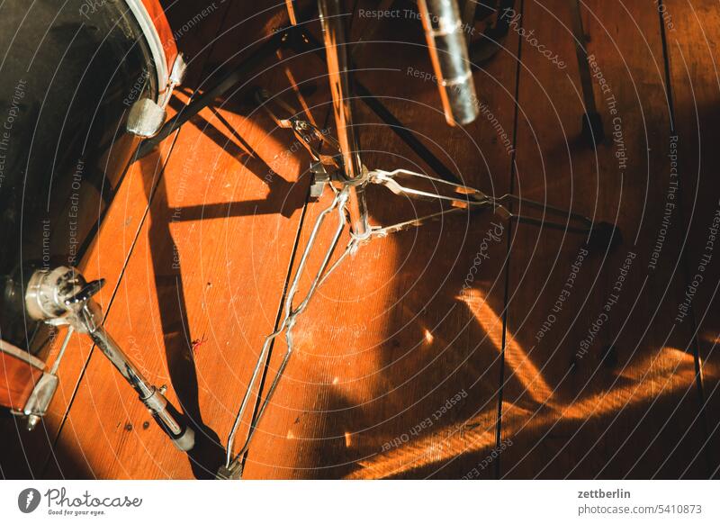 Percussion (detail) Drum set drums folk Folklore domestic music Wood Music Musical instrument percussion rattling Clatter Rhythm Stand Tripod Truss Wooden floor