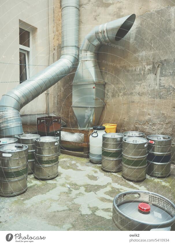 For the bubbles Backyard Building Calm Detail Deserted Past Exterior shot Colour photo Simple Wall (building) Window Containers and vessels Day Barrels