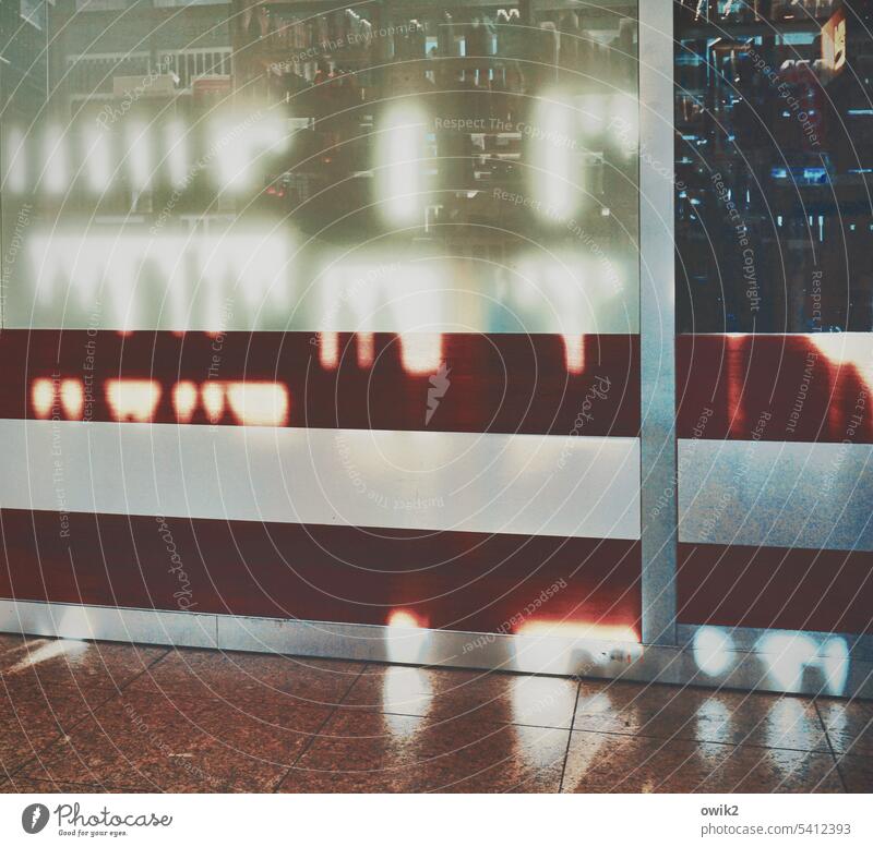 passage Glass Glass wall cordon business Store premises Shelves Arrangement shadow cast Shaft of light blurred Mysterious Offer daylight Glittering Sunlight