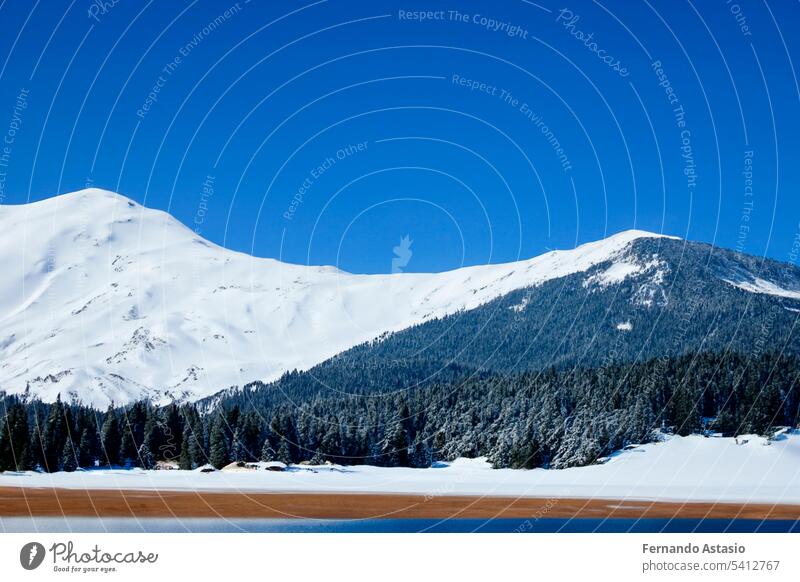 Mountain with snow and lake. Picturesque winter sunset in Swiss Alps, Grindelwald. The beauty of nature as a conceptual background. Small rivers and coniferous trees reflected in a calm alpine lake.