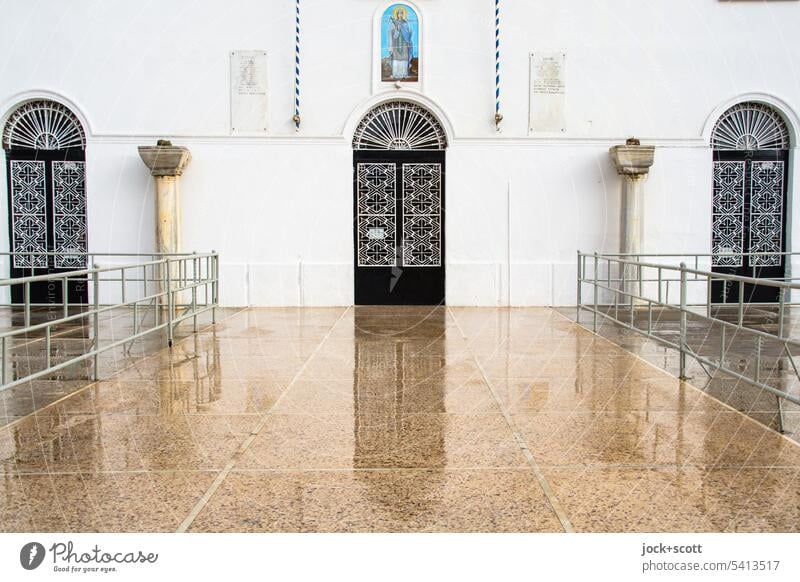 a reflection in front of the church Agia Paraskevi Chalkida Architecture Greece gothic Church Reflection Historic Facade Marble floor Entrance Holy figure door