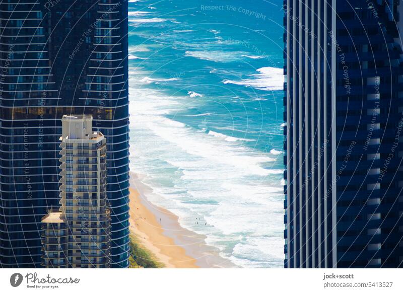 between sea and skyscraper skyscrapers Ocean Pacific Ocean Beach Summer High-rise Australia Surfers Paradise Gold Coast Sunlight Modern Panorama (View)