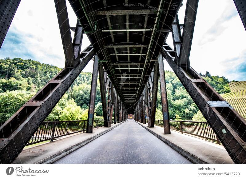 bridge building Bridge Steel Architecture steel construction Bridge building Steel carrier impressive Strong Street Forest Moselle Vineyard Metal Construction