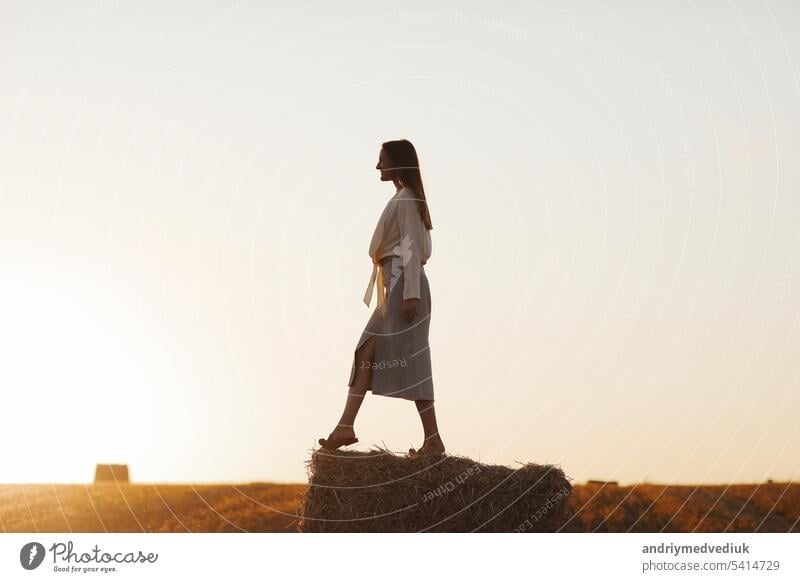 Young woman with long hair is standing and having fun on straw bale in field in summer on sunset. Female portrait in natural rural scene. Environmental eco tourism concept.