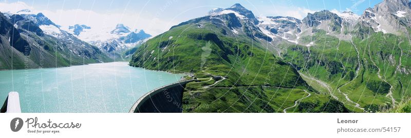 Panorama Kaprun Reservoir Mooserboden Austria Lake Retaining wall Wall (barrier) Glacier Ice wine Mountain Panorama (View) Meadow Hiking Europe Tourist Tourism