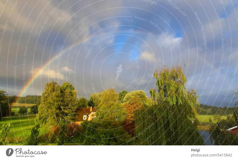 Rainbow in the morning Landscape Nature Weather sunshine Sunlight Sky Tree house Clouds Exterior shot Colour photo Environment Deserted Light Plant late summer