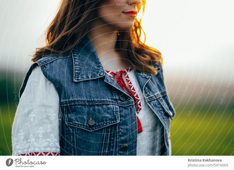 Ukrainian woman in vyshyvanka embroidery shirt with traditional ornaments attractive beads beautiful beauty blossom cloth embroidered cloth texture clothes