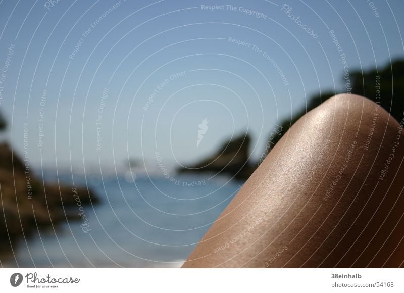 Leg by the sea Ocean Glittering Europe Woman Beach Loneliness Majorca Cliff Sunbathing Vacation & Travel Relaxation Exterior shot Depth of field Sky Blue Bright