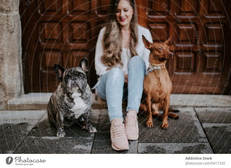 Stylish woman with dogs sitting on street together style bulldog hound owner pet love company canine beauty expression beautiful animal city companion cute