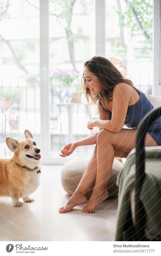 millennial caucasian woman at home with corgi dog. Funny cozy picture of female with puppy in apartment. Brunette smiling with welsh corgi Pembroke dog sitting on couch.