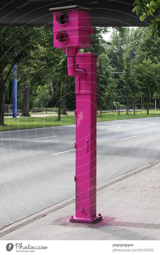 Unknown people have painted a road speed camera pink speed cameras Road speed camera Speed Transport Street Highway Movement Flash photo Lightning Funster Car