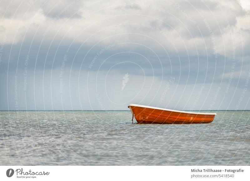 Boat in the sea boat Motor barge Ocean Baltic Sea Denmark Island Langeland Waves Horizon Landscape Nature Sky Clouds Sun sunshine vacation travel Tourism Water