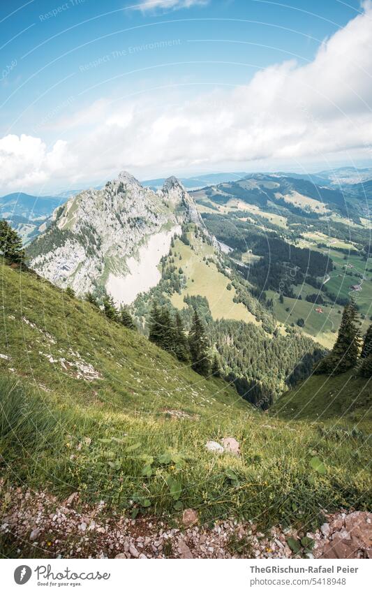 View of mountain with grass and clouds Colour photo big myths Mountain Hiking Switzerland Tourism Alps Landscape Exterior shot Green Walking Nature Environment