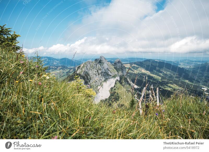 View of mountain with grass and clouds Colour photo big myths Mountain Hiking Switzerland Tourism Alps Landscape Exterior shot Green Walking Nature Environment